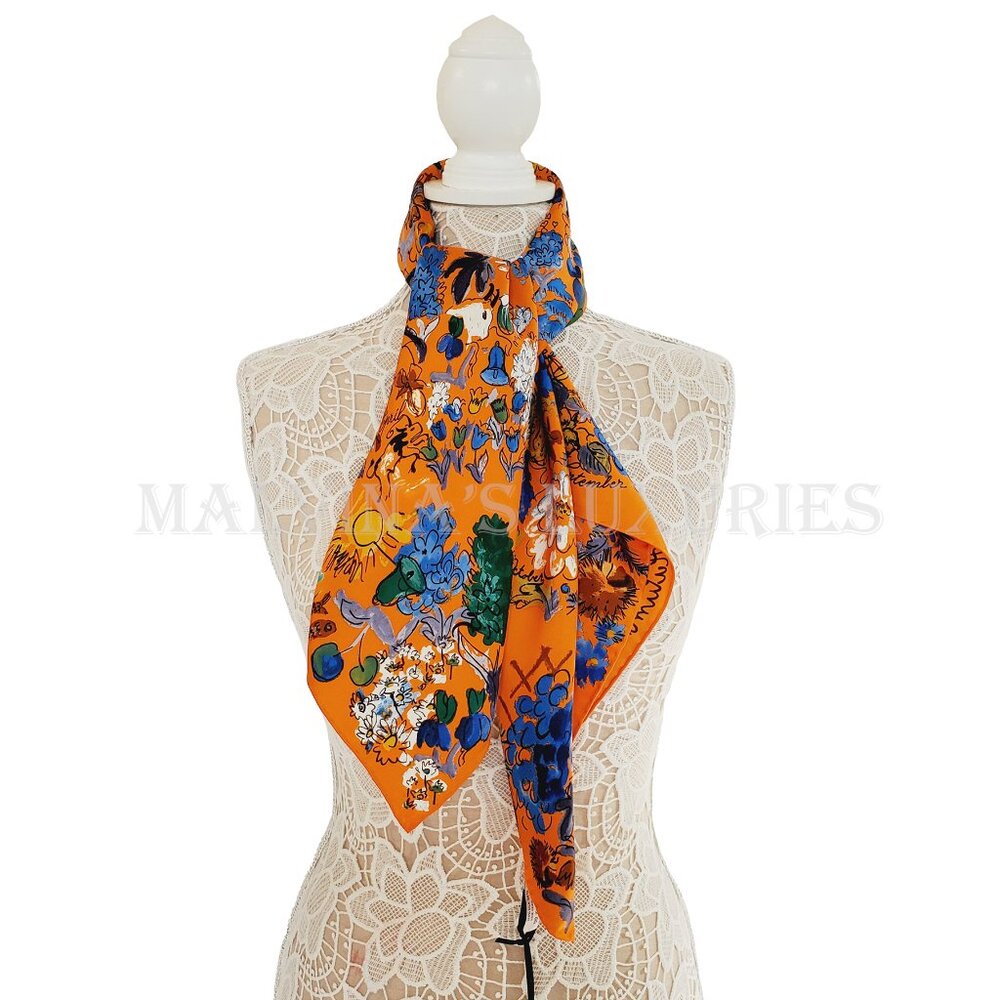 SALVATORE FERRAGAMO SCARF SIGNATURE FLOWER SEASON MULTICOLOR PRINT SILK 35" - Picture 4 of 14